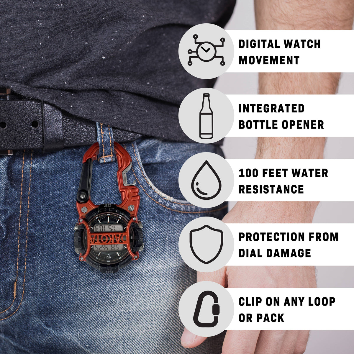 Multifunctional keychain with watch and bottle opener features displayed on a person wearing jeans.