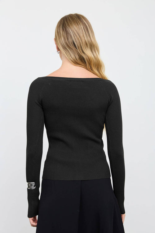 SCOOP NECK BUTTON FITTED RIBBED KNIT CARDIGAN