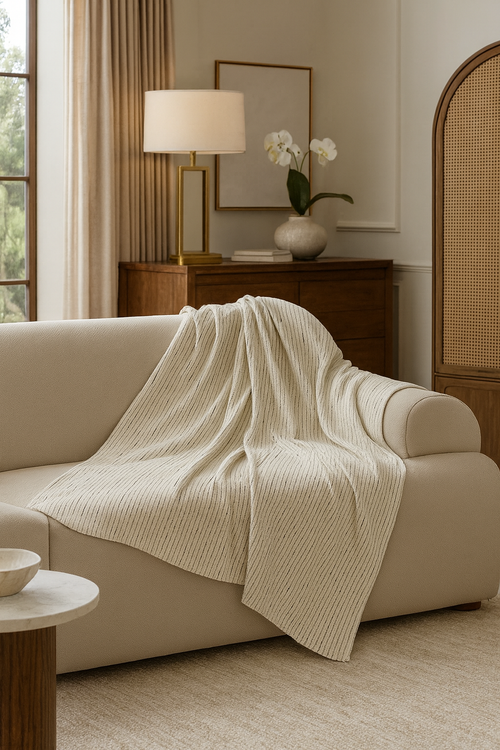 A cream-colored ribbed knit throw blanket is draped over a beige sofa in a warm, modern living room setting.