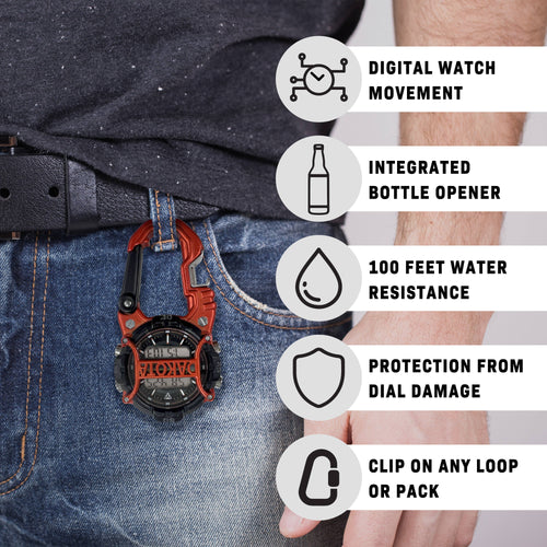 Multifunctional keychain with watch and bottle opener features displayed on a person wearing jeans.