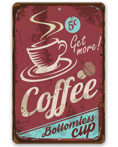 Vintage-style sign with coffee cup design and text on a red background