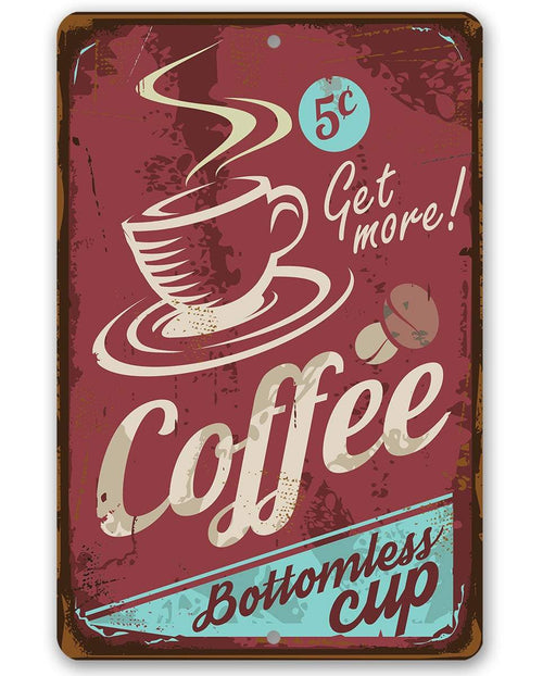 Vintage-style sign with coffee cup design and text on a red background