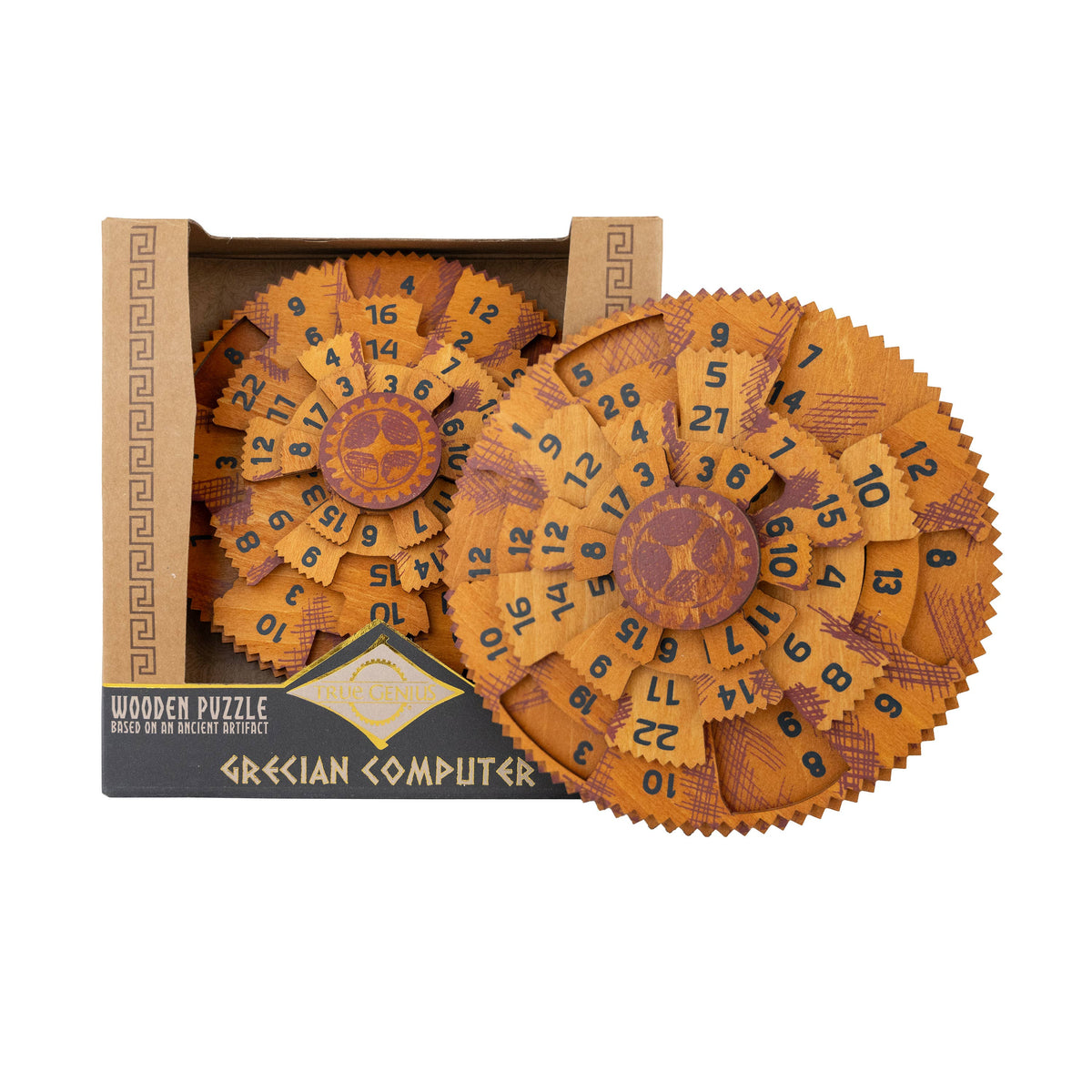 Wooden puzzle resembling a greek computer with packaging on a white background