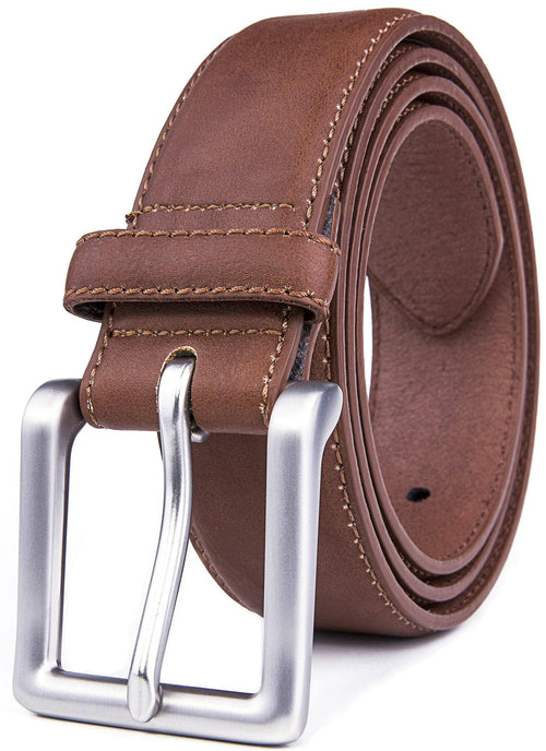 Brown leather belt with silver buckle on a white background