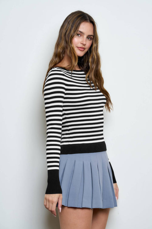 BOAT NECK STRIPE RIBBED LONG SLEEVE SWEATER TOP
