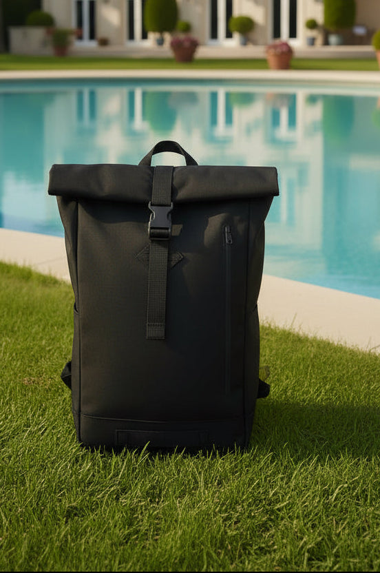 black roll-top backpack.