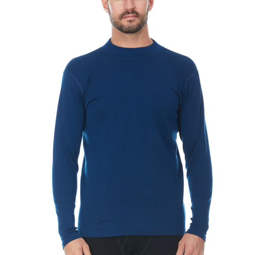A man wearing a solid navy blue long-sleeve crewneck shirt, shown from the waist up against a plain white background.