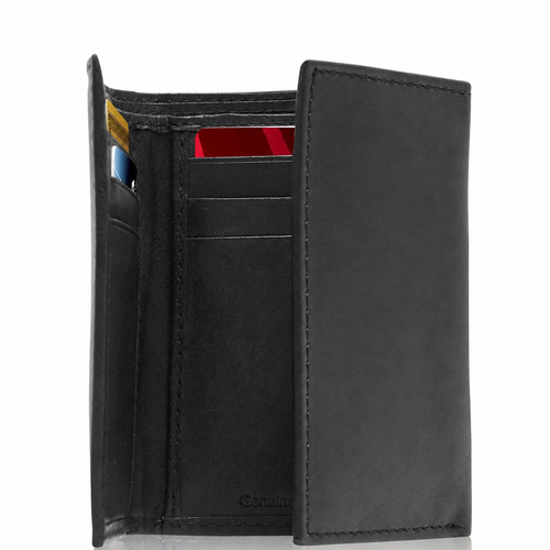 A black leather bi-fold wallet shown open, displaying its interior card slots, pockets, and stitching. The brand name 'Carlupe' is subtly embossed on the bottom center.