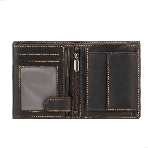 Brown leather wallet with card slots and a zipper pocket on a white background