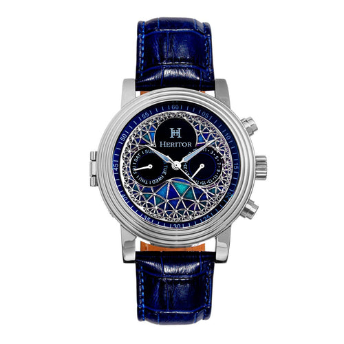Watch with blue leather strap and detailed face on a white background