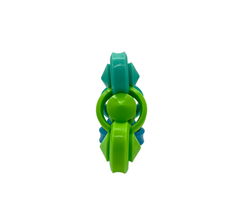 A green and teal plastic baby teether or rattle with a central ring and textured side grips, shown against a plain white background.