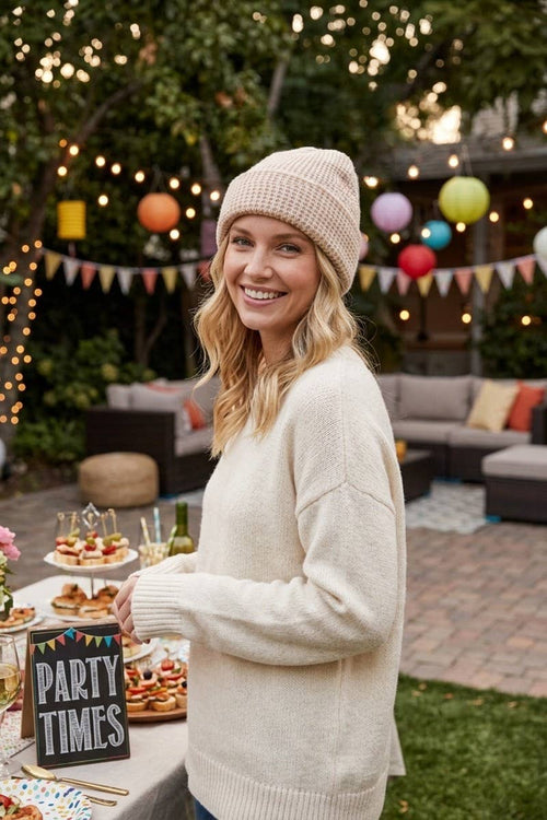 A smiling blonde woman at an outdoor backyard party, wearing a cream knit beanie and a cream knit sweater. The background features a patio setting with string lights, colorful balloons, bunting, and a party table with food.