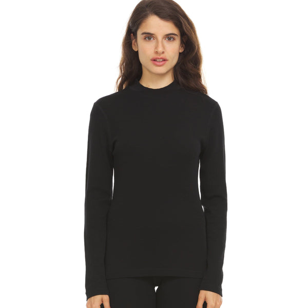 Woman wearing a black long-sleeve top on a white background