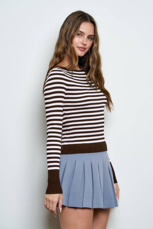 BOAT NECK STRIPE RIBBED LONG SLEEVE SWEATER TOP