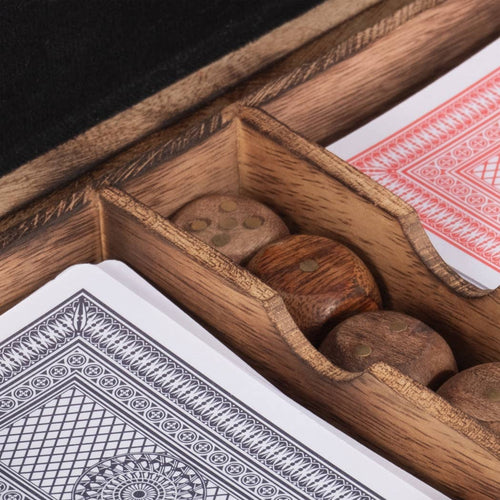Box - Brown Wooden Rectangular Crafted Cards and Dice, 7 in.