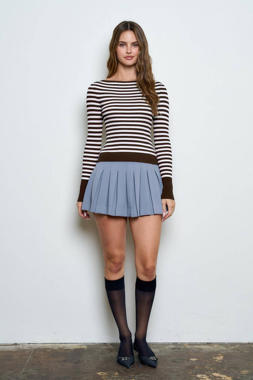 BOAT NECK STRIPE RIBBED LONG SLEEVE SWEATER TOP