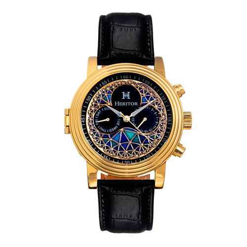 Gold wristwatch with black leather strap on a white background