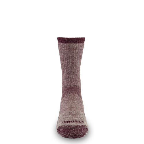 A single crew-length knit sock shown upright against a plain white background. The sock has a heathered colorway blending dusty mauve, muted burgundy, and taupe tones, with a small tonal brand mark near the toe.