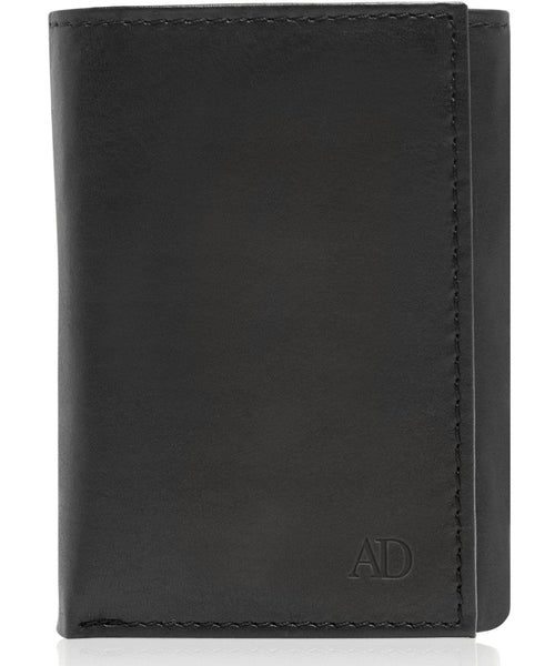 A black leather bi-fold wallet with a debossed 'AD' monogram logo in the bottom right corner, shown against a plain white background.
