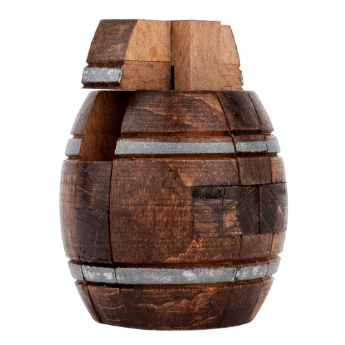 Wooden barrel-shaped object with metal bands on a white background