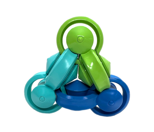 Colorful plastic toy with interlocking rings on a white background