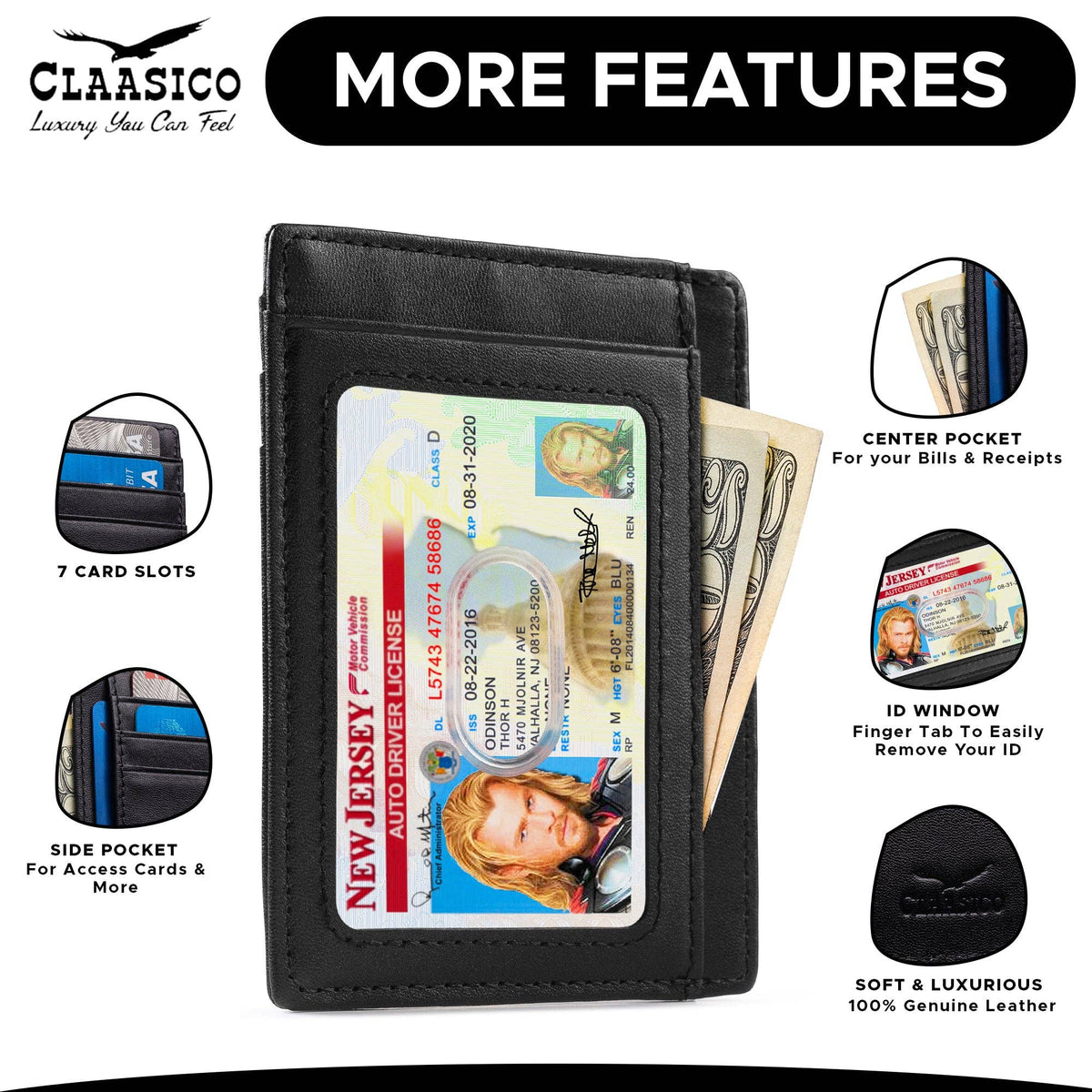 Black leather wallet with card slots, ID window, and bill holder on a white background
