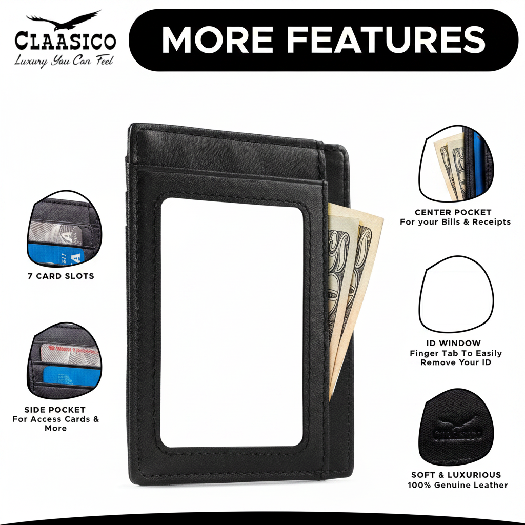 Black leather card holder wallet with an ID window, shown on a white background with feature callouts and the Claasico logo. The wallet has a transparent ID window, multiple card slots, side and center pockets, and is shown with cash partially inserted.