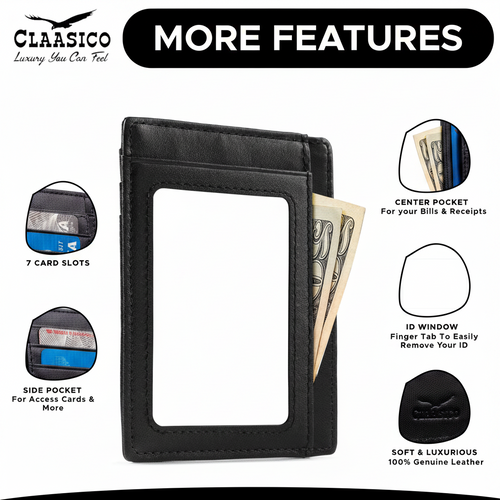 Black leather card holder wallet with an ID window, shown on a white background with feature callouts and the Claasico logo. The wallet has a transparent ID window, multiple card slots, side and center pockets, and is shown with cash partially inserted.