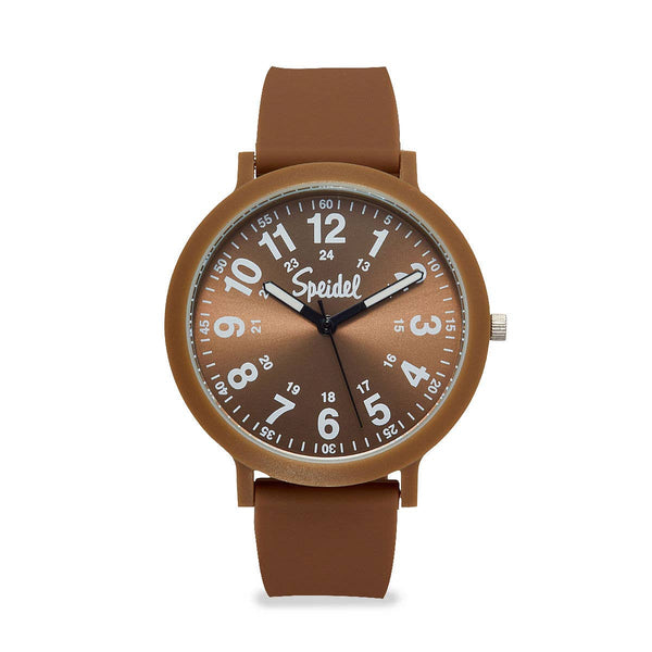 Brown watch with a visible brand logo on a white background