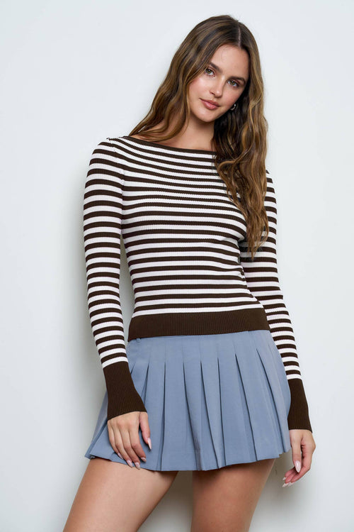BOAT NECK STRIPE RIBBED LONG SLEEVE SWEATER TOP