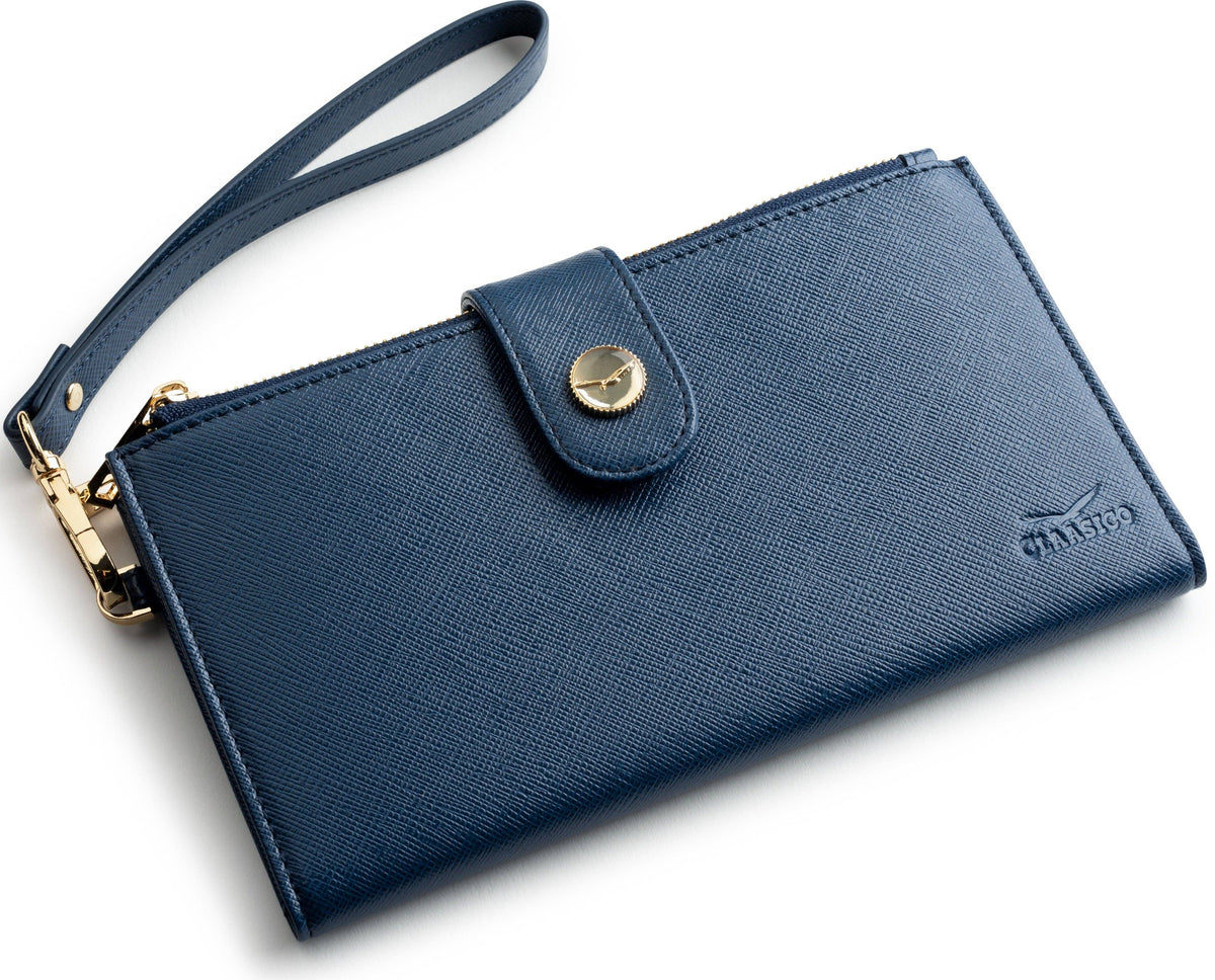 A navy blue textured leather wristlet clutch with a matching wrist strap, gold-tone snap button, and gold hardware, shown on a white background.