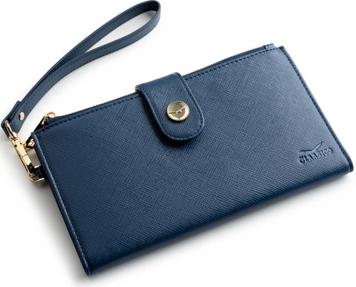 A navy blue textured leather wristlet clutch with a matching wrist strap, gold-tone snap button, and gold hardware, shown on a white background.