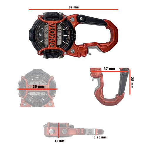 Red carabiner with measurement details on a white background