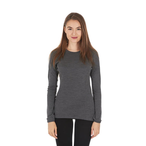 A woman modeling a dark gray long-sleeve crewneck shirt against a plain white background.