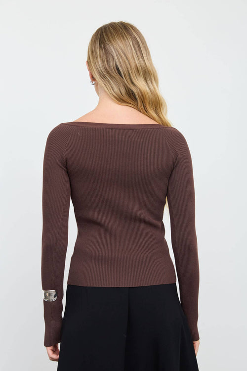 SCOOP NECK BUTTON FITTED RIBBED KNIT CARDIGAN