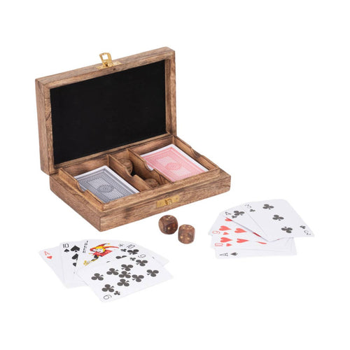 Box - Brown Wooden Rectangular Crafted Cards and Dice, 7 in.