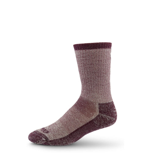 A single mid-calf hiking sock in a heathered mauve and dark burgundy colorway, shown on a white background with a soft shadow.