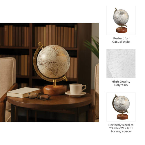 A vintage-style globe on a wooden stand displayed on a round wooden table in a library or study setting, with a book, eyeglasses, and a cup of coffee nearby. The image includes three inset detail panels on the right showing the globe texture, a close-up of the wooden base, and the globe hanging in a room, with text describing it as 'Perfect for Casual style,' 'High Quality Polyresin,' and 'Perfectly sized at 7L x 6.