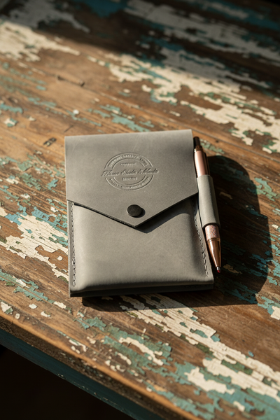 A gray leather pen holder wallet with an embossed logo, holding a rose gold pen, resting on a rustic, weathered wooden table.