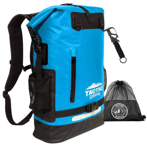 Blue backpack with black accents and 'Tactico Survival' branding on a white background