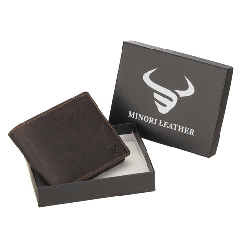 Brown leather wallet in a box with 'Minori Leather' branding on a white background