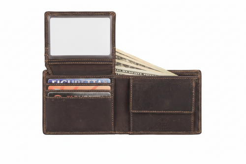 A dark brown leather bi-fold wallet shown open, featuring a clear ID window, card slots with credit cards inserted, and cash in the right compartment, set against a plain white background.