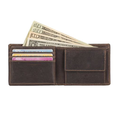 Brown leather wallet with money and cards on a white background