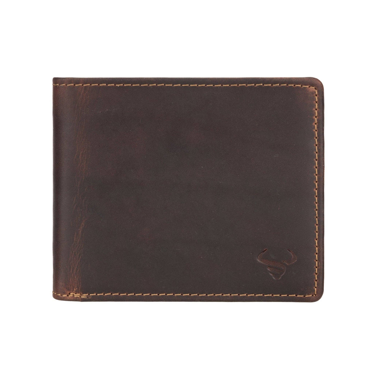 Brown leather wallet with stitching detail on a white background