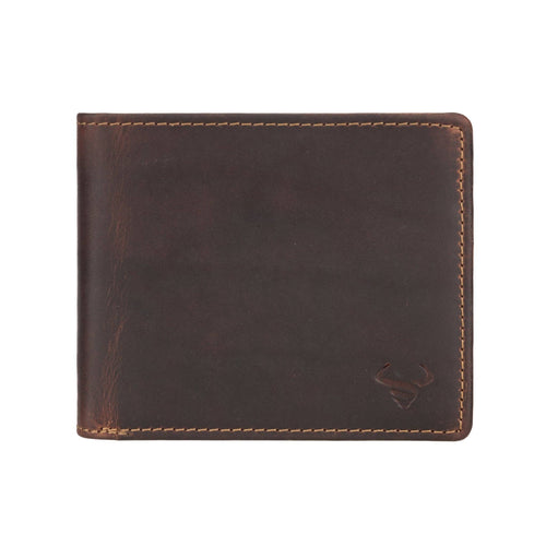 Brown leather wallet with stitching detail on a white background
