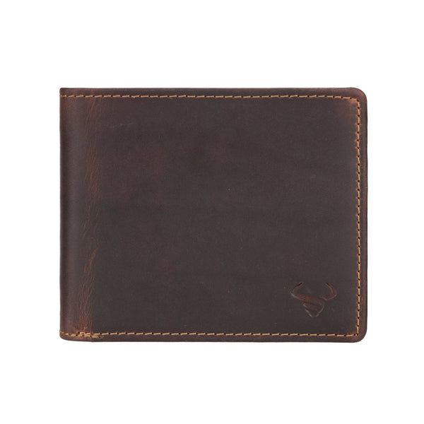 Brown leather wallet with stitching detail on a white background