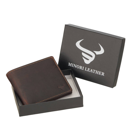 Brown leather wallet in a black box with 'Minori Leather' branding on a white background