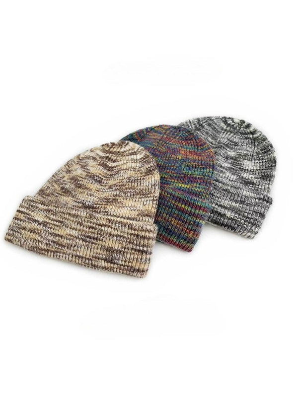 Three marled knit beanie hats arranged in a fan shape on a plain white background. The beanie in front is a heathered tan and brown, the middle beanie is multicolor with blue, red, and green threads, and the back beanie is a gray and white marled pattern.