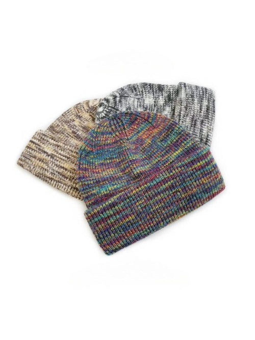 Three marled knit beanie hats overlapping on a plain white background. The front beanie is multicolored with blue, red, green, and purple tones, while the two behind it are beige/tan and gray/black marled.