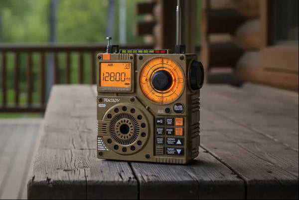 Vintage-style portable radio on rustic wooden table at cabin porch, natural outdoor setting